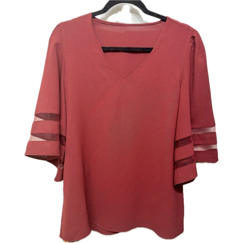 Women's V-Neck Blouse with 3/4 Flowy Sleeves, Mesh Panel in Burgundy - Size Sm